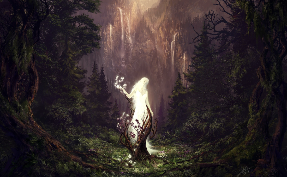 digital image of an mystical white being in the woods standing behind a shrub
