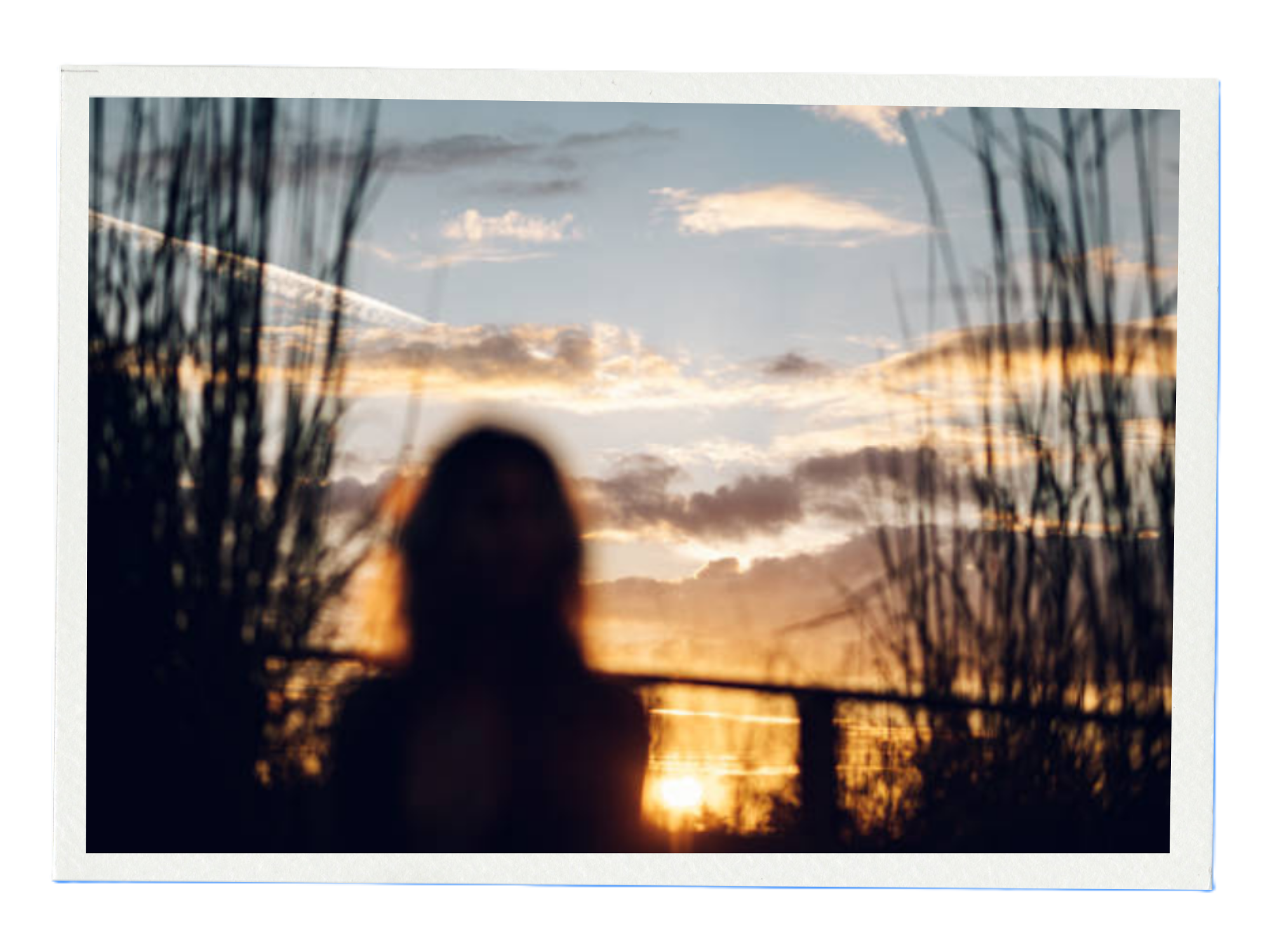 silhouette of a person looking at a blue and gold sunset